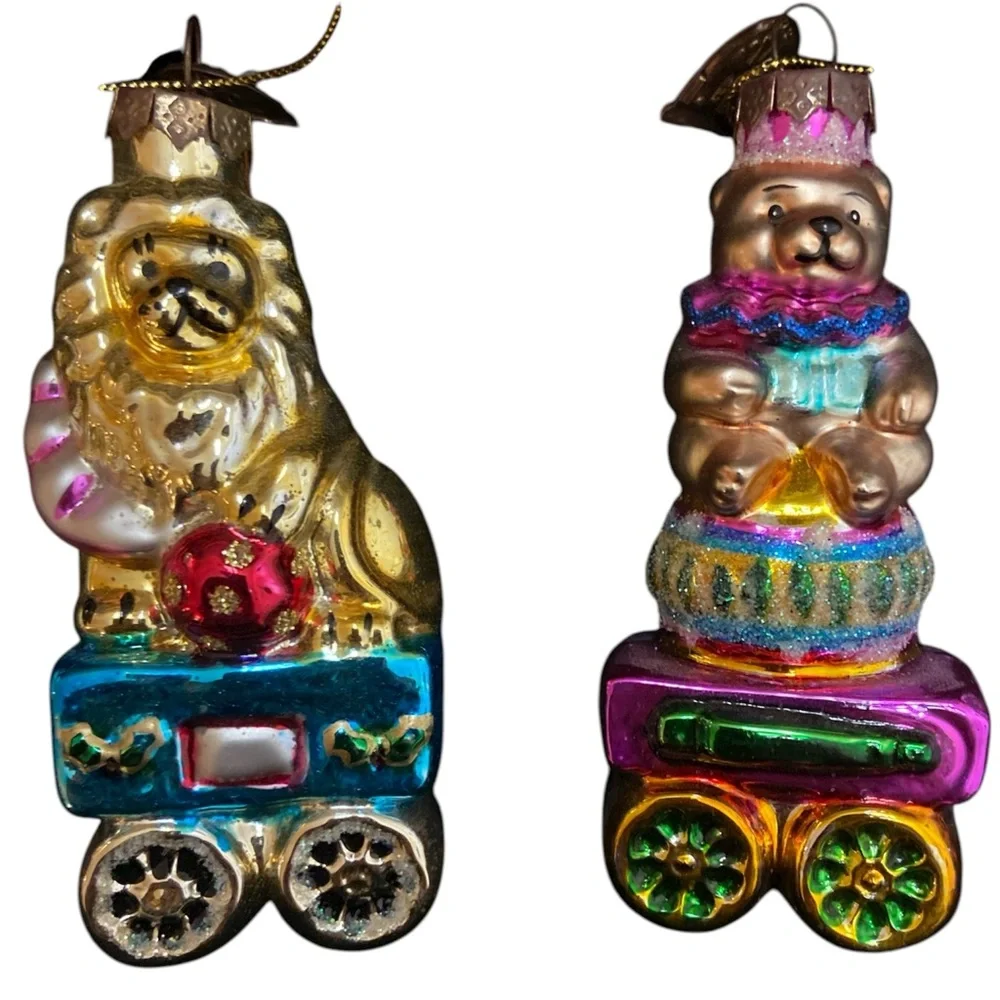 2004 Thomas Pacconi Circus Train Set of 6 Hand Blown Glass Ornaments Wood Crate